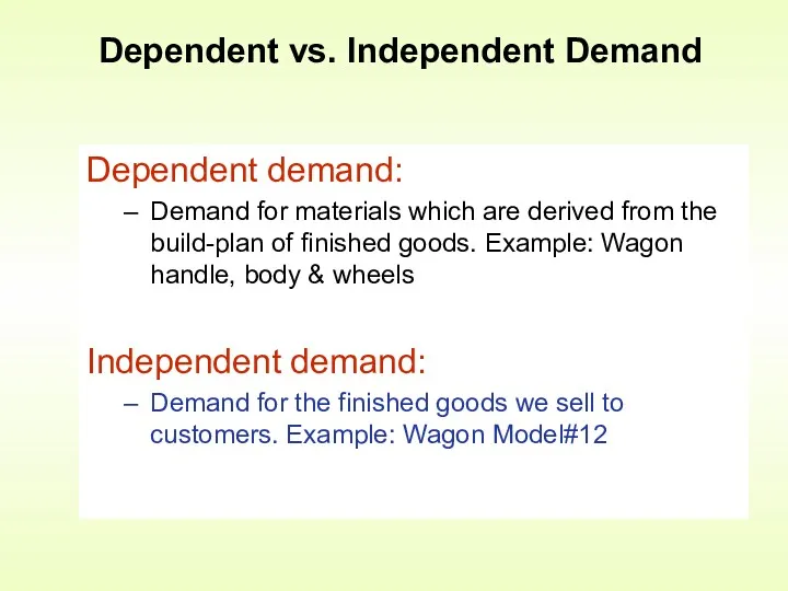 Dependent demand: Demand for materials which are derived from the