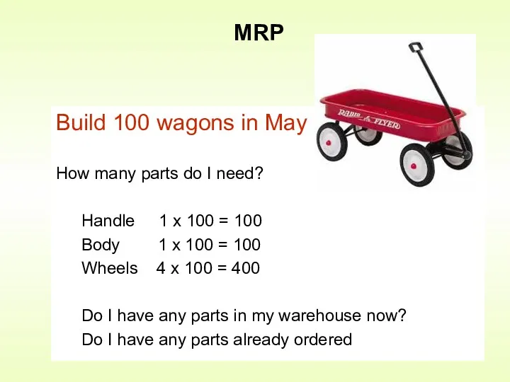 Build 100 wagons in May How many parts do I need? Handle 1
