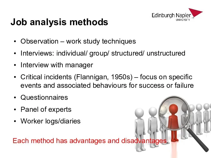 Job analysis methods Observation – work study techniques Interviews: individual/