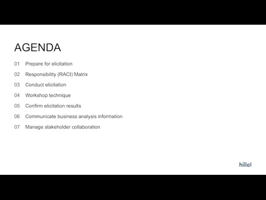 AGENDA Prepare for elicitation​ Responsibility (RACI) Matrix Conduct elicitation​ Workshop technique Confirm elicitation