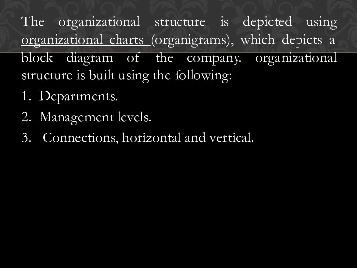 The organizational structure is depicted using organizational charts (organigrams), which