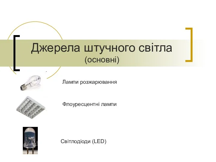 Джерела штучного світла (основні) Лампи розжарювання Флоуресцентні лампи Світлодіоди (LED)