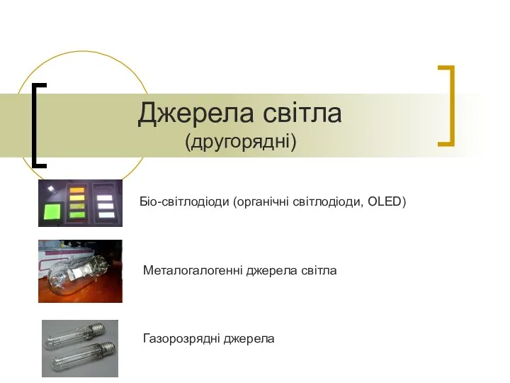 Джерела світла (другорядні) Металогалогенні джерела світла Біо-світлодіоди (органічні світлодіоди, OLED) Газорозрядні джерела