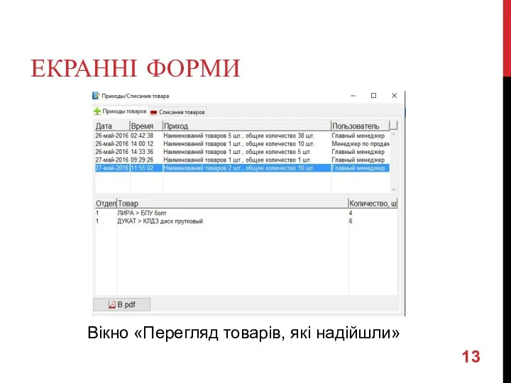 ЕКРАННІ ФОРМИ Вікно «Перегляд товарів, які надійшли»