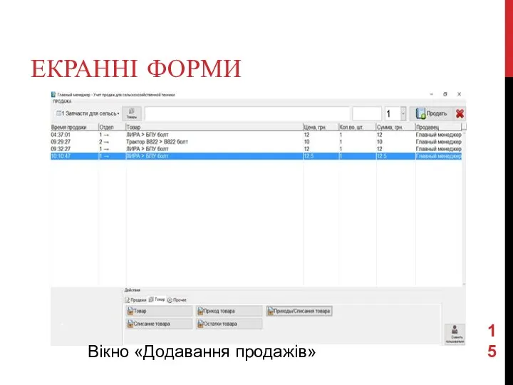 ЕКРАННІ ФОРМИ Вікно «Додавання продажів»