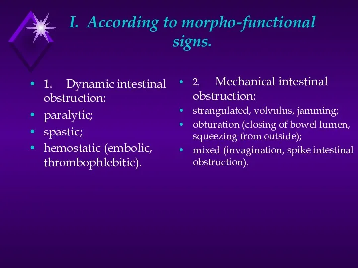 I. According to morpho-functional signs. 1. Dynamic intestinal obstruction: paralytic;