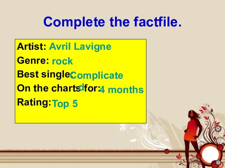 Complete the factfile. Artist: Avril Lavigne Genre: Best single: On