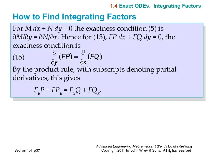 For M dx + N dy = 0 the exactness condition (5) is