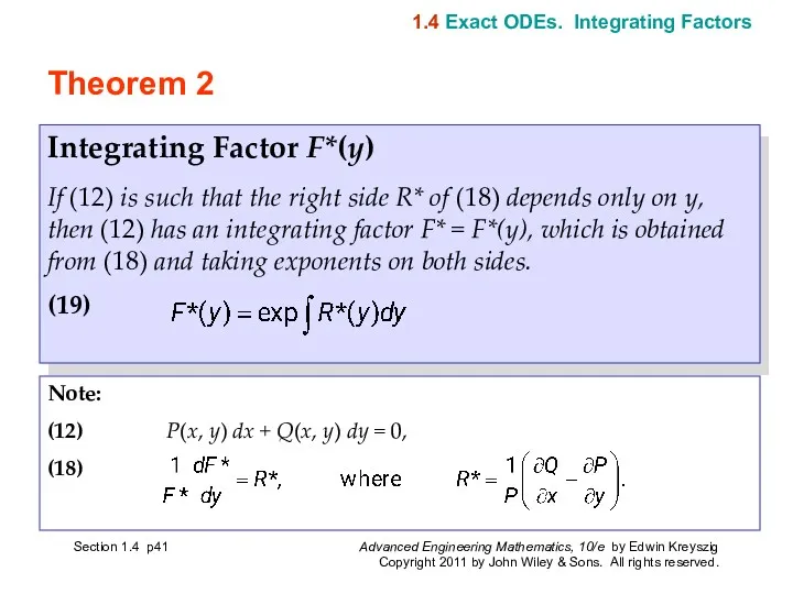 Section 1.4 p Theorem 2 Integrating Factor F*(y) If (12)