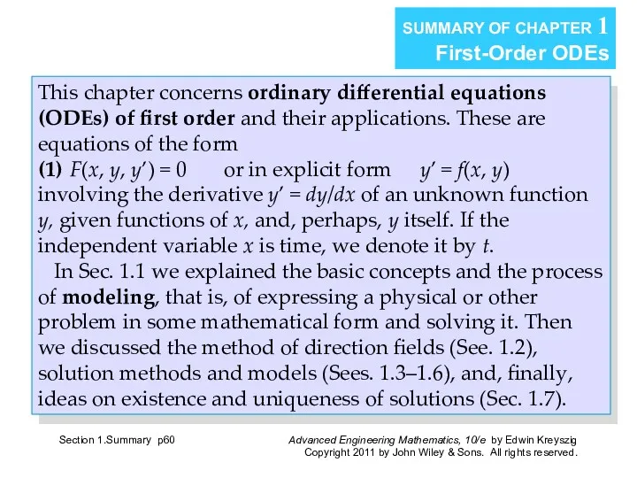 Section 1.Summary p SUMMARY OF CHAPTER 1 First-Order ODEs This chapter concerns ordinary