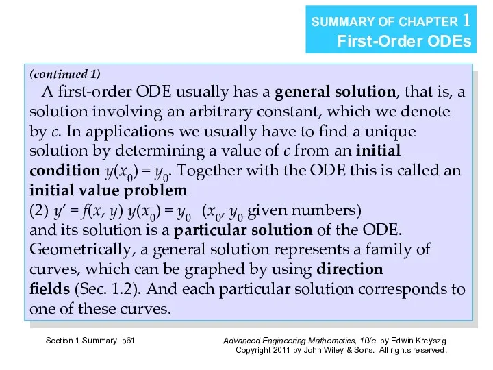 Section 1.Summary p SUMMARY OF CHAPTER 1 First-Order ODEs (continued 1) A first-order