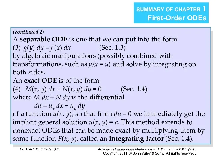 Section 1.Summary p SUMMARY OF CHAPTER 1 First-Order ODEs (continued