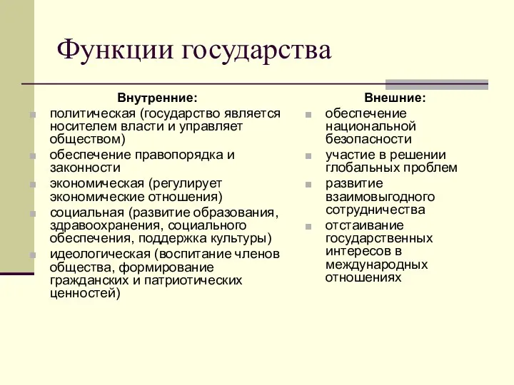 Функции государства Внутренние: политическая (государство является носителем власти и управляет