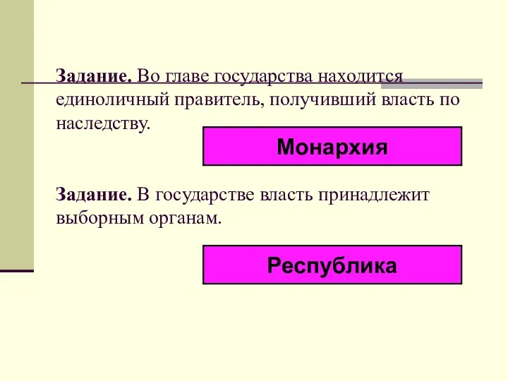 Задание. Во главе государства находится единоличный правитель, получивший власть по