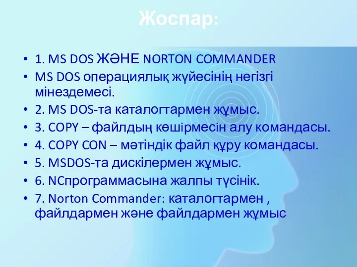 Жоспар: 1. MS DOS ЖӘНЕ NORTON COMMANDER MS DOS операциялық