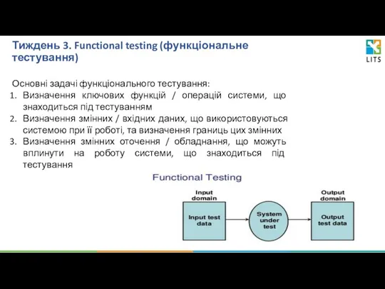 Тиждень 3. Functional testing (функціональне тестування) Основні задачі функціонального тестування: