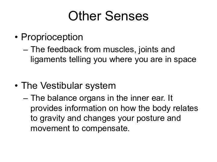 Other Senses Proprioception The feedback from muscles, joints and ligaments