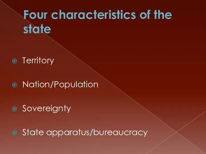 Four characteristics of the state Territory Nation/Population Sovereignty State apparatus/bureaucracy