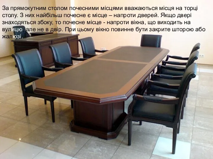 За прямокутним столом почесними місцями вважаються місця на торці столу.