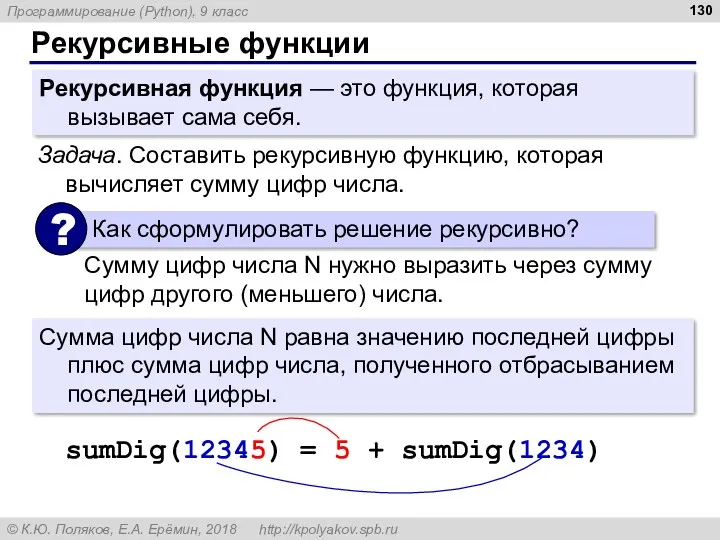 Рекурсивные функции Рекурсивная функция — это функция, которая вызывает сама