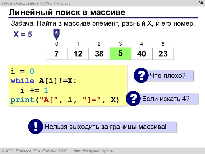 Линейный поиск в массиве Задача. Найти в массиве элемент, равный