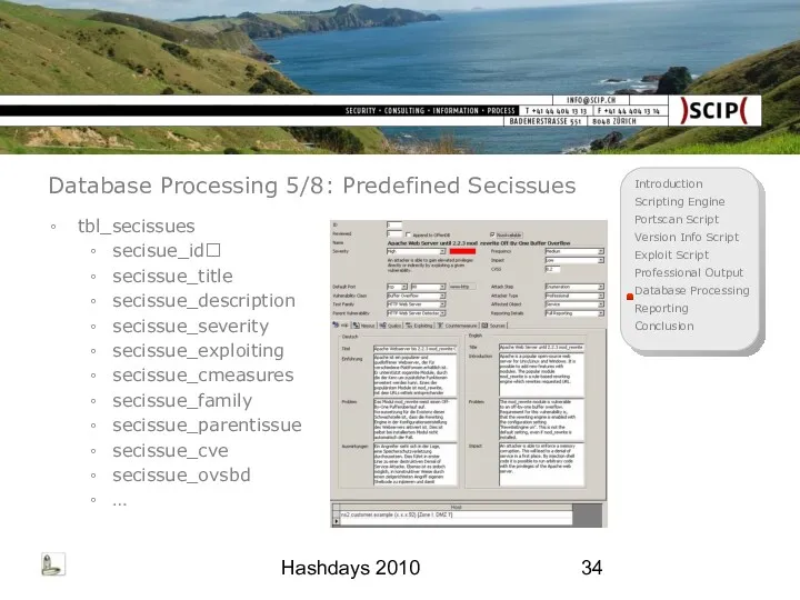 Hashdays 2010 Database Processing 5/8: Predefined Secissues tbl_secissues secisue_id secissue_title