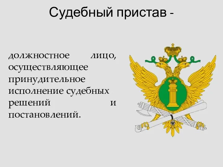 Судебный пристав - должностное лицо, осуществляющее принудительное исполнение судебных решений и постановлений.