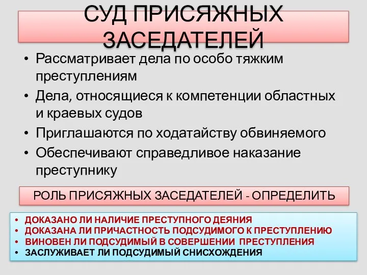 СУД ПРИСЯЖНЫХ ЗАСЕДАТЕЛЕЙ Рассматривает дела по особо тяжким преступлениям Дела, относящиеся к компетенции