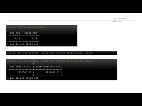 Типы данных и таблицы select * from decimal_float; +---------+-----------+ |