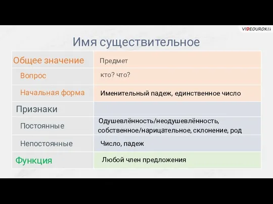 Имя существительное Общее значение Признаки Функция Вопрос Начальная форма Постоянные