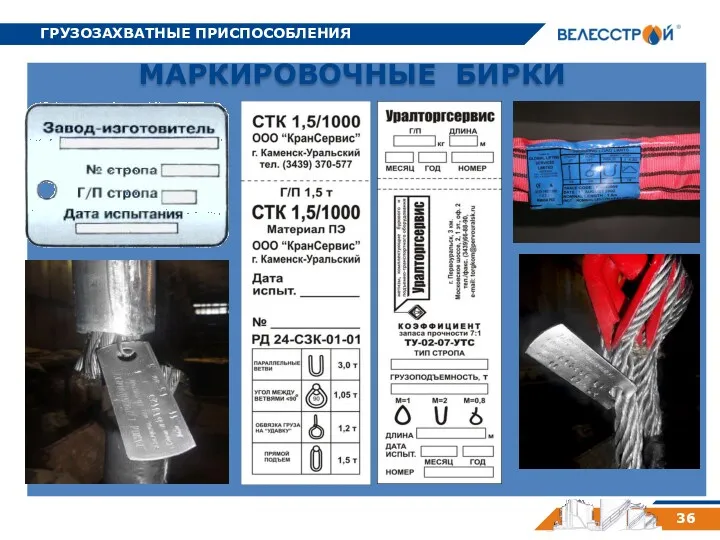 ГРУЗОЗАХВАТНЫЕ ПРИСПОСОБЛЕНИЯ 36 МАРКИРОВОЧНЫЕ БИРКИ