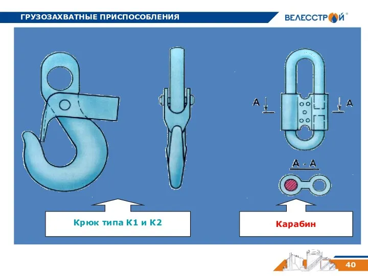 ГРУЗОЗАХВАТНЫЕ ПРИСПОСОБЛЕНИЯ 40 Крюк типа К1 и К2 Карабин