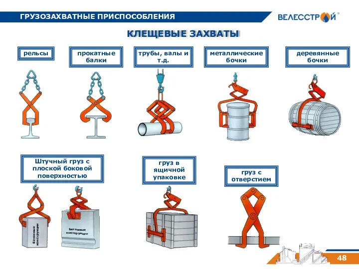 ГРУЗОЗАХВАТНЫЕ ПРИСПОСОБЛЕНИЯ 48 КЛЕЩЕВЫЕ ЗАХВАТЫ рельсы прокатные балки трубы, валы и т.д. металлические