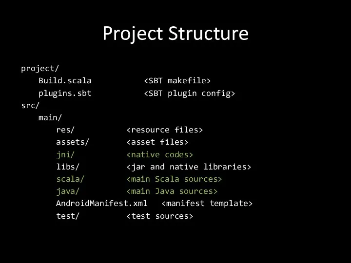 Project Structure project/ Build.scala plugins.sbt src/ main/ res/ assets/ jni/ libs/ scala/ java/ AndroidManifest.xml test/