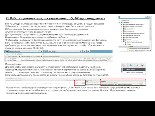 12. Работа с документами, поступающими от ОрФК: просмотр, печать В