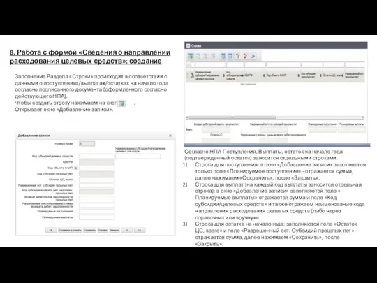 Заполнение Раздела «Строки» происходит в соответствии с данными о поступлениях/выплатах/остатках