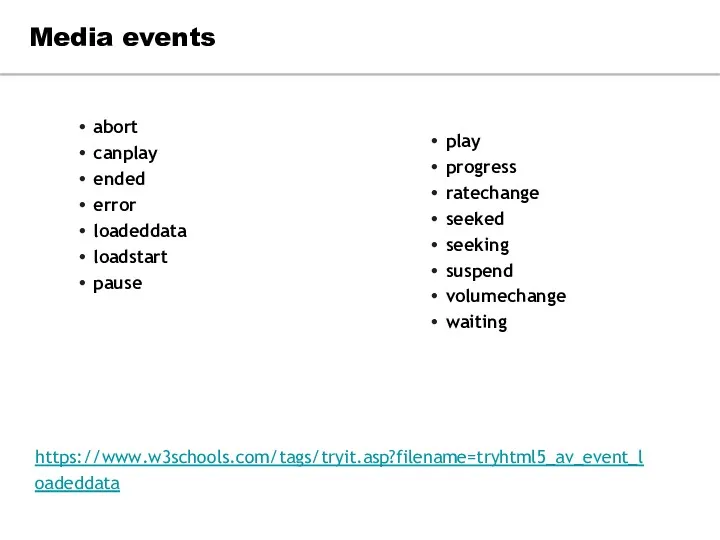 Media events abort canplay ended error loadeddata loadstart pause https://www.w3schools.com/tags/tryit.asp?filename=tryhtml5_av_event_loadeddata