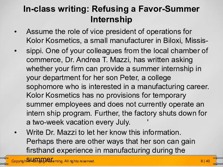 In-class writing: Refusing a Favor-Summer Internship Assume the role of vice president of