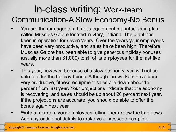 In-class writing: Work-team Communication-A Slow Economy-No Bonus You are the manager of a