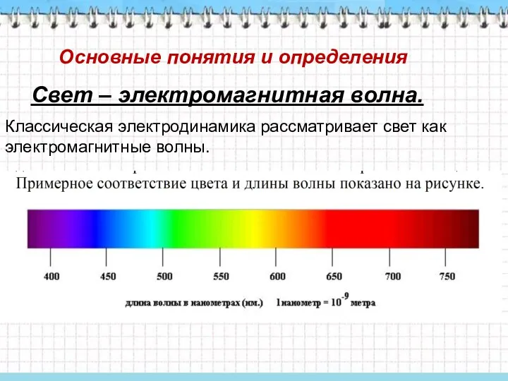 Основные понятия и определения Свет – электромагнитная волна. Классическая электродинамика рассматривает свет как электромагнитные волны.