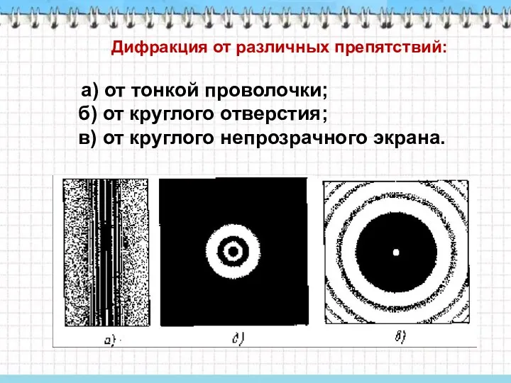 Дифракция от различных препятствий: а) от тонкой проволочки; б) от