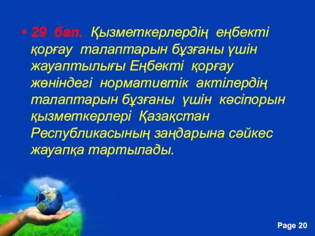 29 бап. Қызметкерлердің еңбекті қорғау талаптарын бұзғаны үшін жауаптылығы Еңбекті