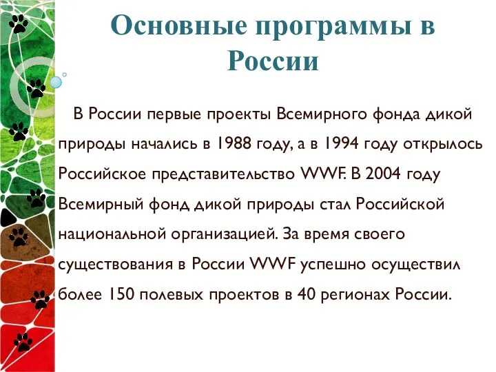 Основные программы в России В России первые проекты Всемирного фонда
