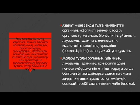 Мемлекеттік биліктің, жергілікті өзін-өзі басқару органдарының, қоғамдық бірлестіктердің, ұйымдардың, лауазымды