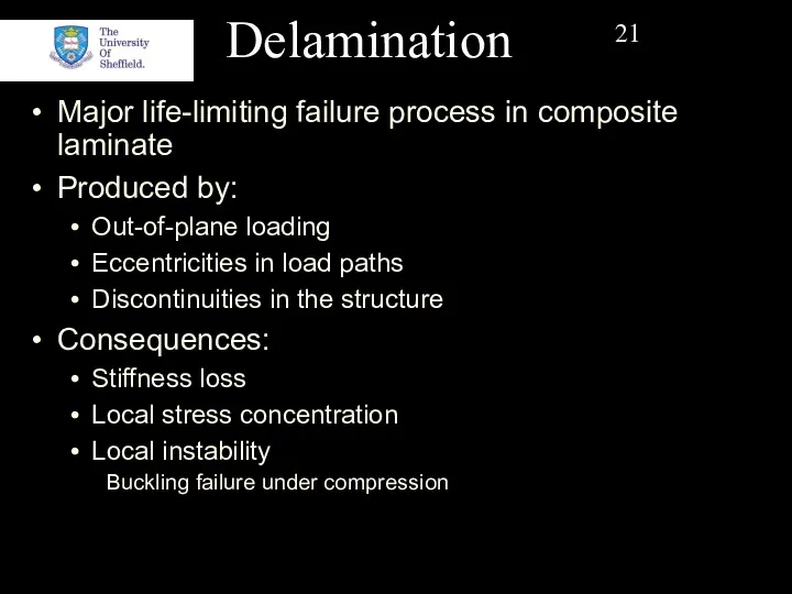 Delamination Major life-limiting failure process in composite laminate Produced by: