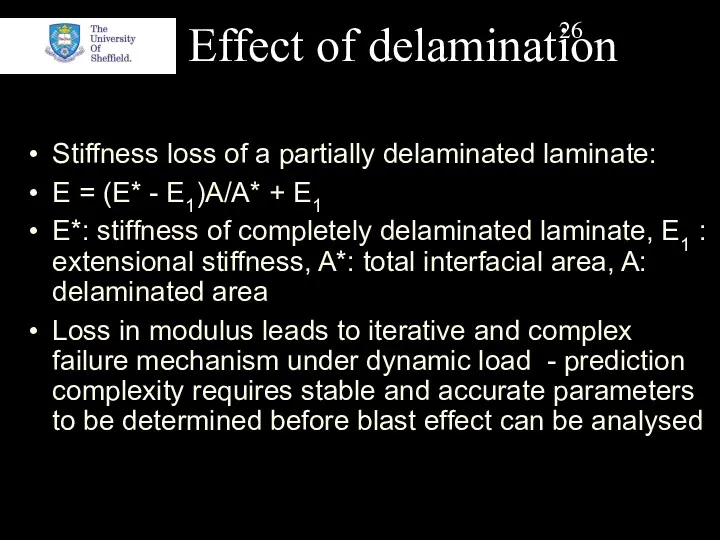 Effect of delamination Stiffness loss of a partially delaminated laminate: E = (E*