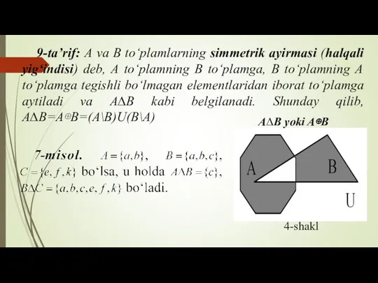 9-ta’rif: А vа B to‘plаmlаrning simmetrik аyirmаsi (hаlqаli yig‘indisi) deb, А to‘plаmning B
