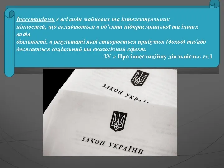 Інвестиціями є всі види майнових та інтелектуальних цінностей, що вкладаються