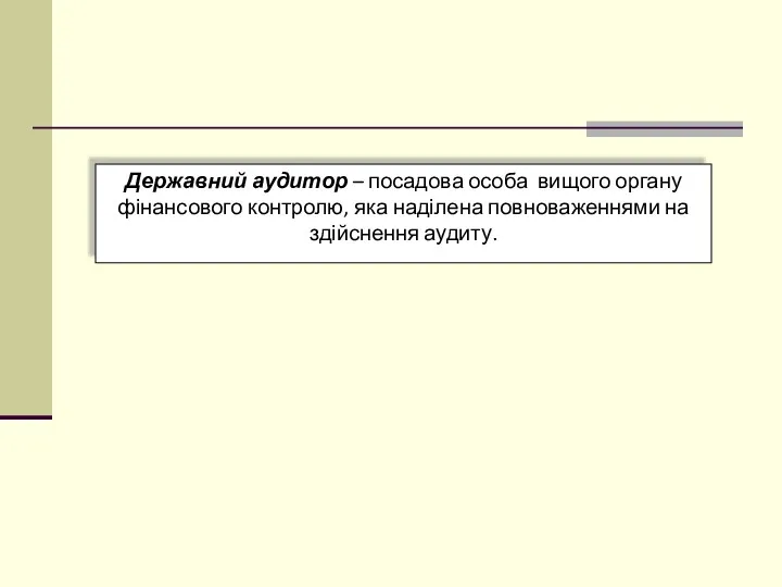 Державний аудитор – посадова особа вищого органу фінансового контролю, яка наділена повноваженнями на здійснення аудиту.