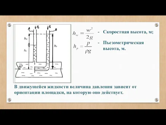 Скоростная высота, м; Пьезометрическая высота, м. В движущейся жидкости величина